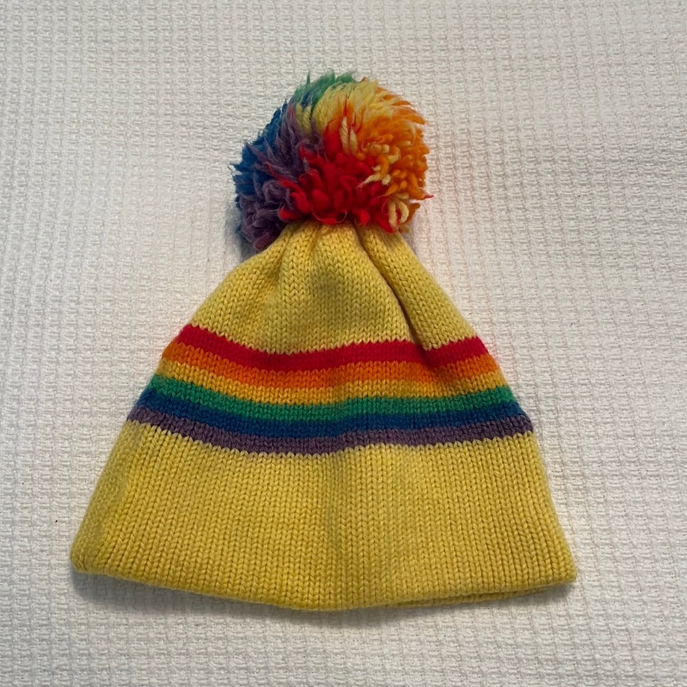 Wool Beanie Knit Yellow and Rainbow Vintage